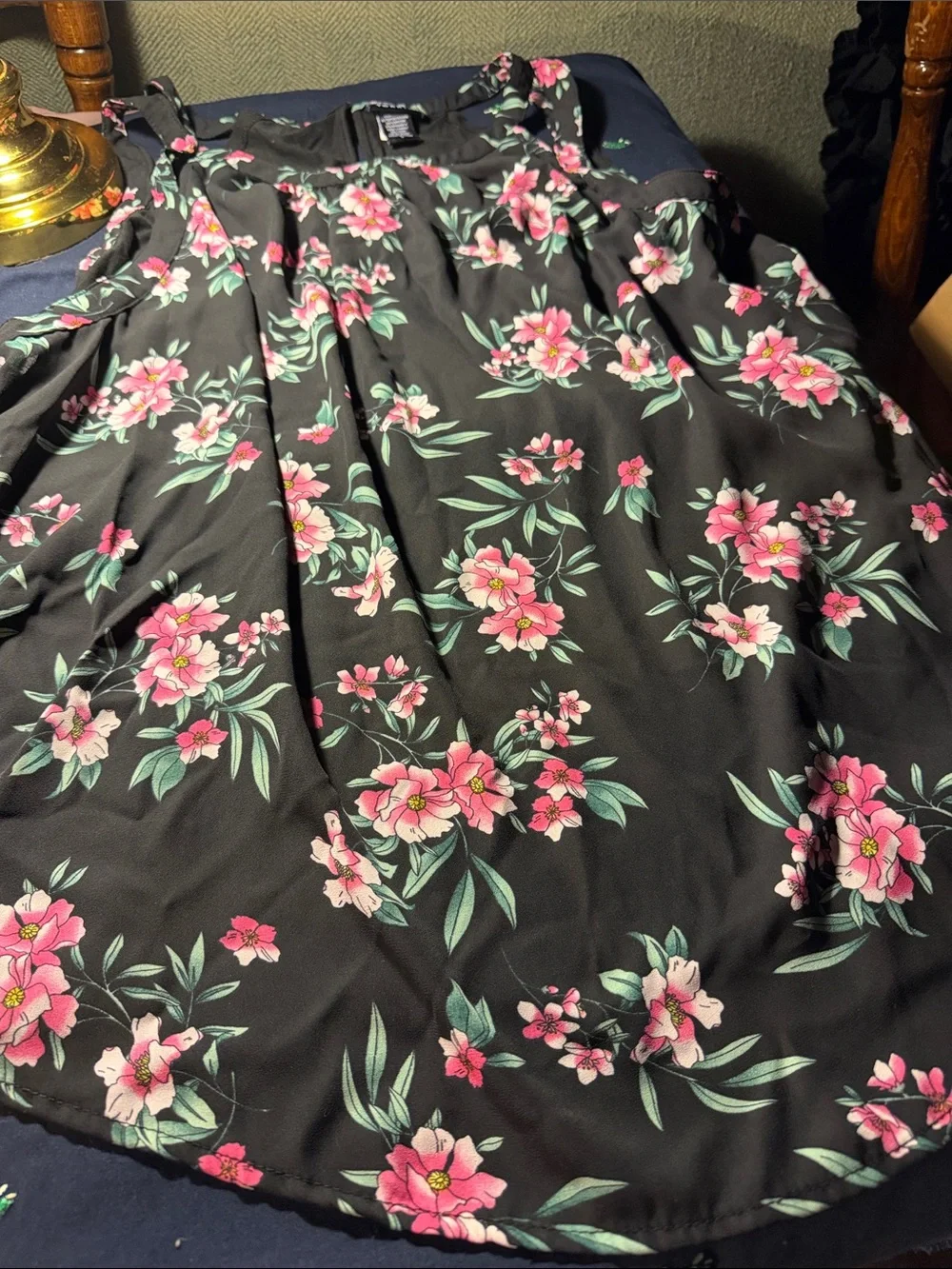 Floral A-Line Skirt in Black with Pink Blooms
